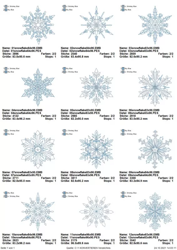 Übersicht Schneeflocken Datenblatt